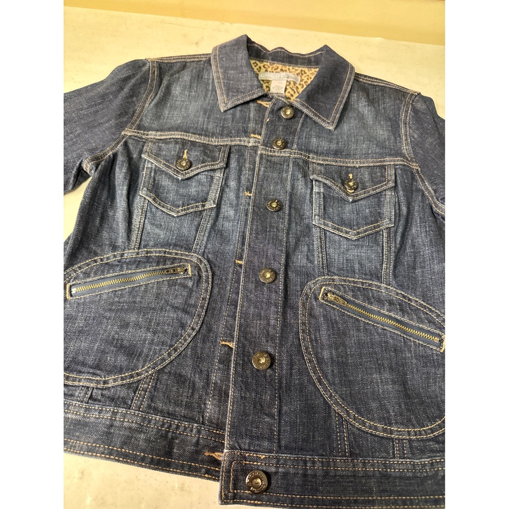 Chico's Platinum Denim Jacket Dark Wash Leopard Print Trim Size 1 Medium Trucker